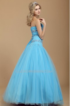 A-Line Sweetheart Beaded Long Blue Tulle Prom Evening Party Dresses 02020984