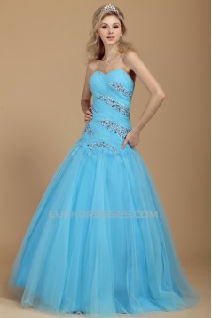 A-Line Sweetheart Beaded Long Blue Tulle Prom Evening Party Dresses 02020984