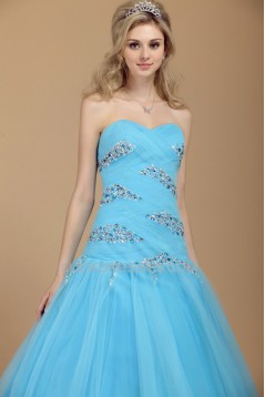 A-Line Sweetheart Beaded Long Blue Tulle Prom Evening Party Dresses 02020984