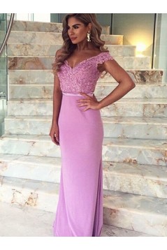 Trumpet/Mermaid Off-the-Shoulder Long Pink Lace Prom Evening Formal Dresses 3020009