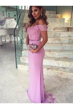 Trumpet/Mermaid Off-the-Shoulder Long Pink Lace Prom Evening Formal Dresses 3020009