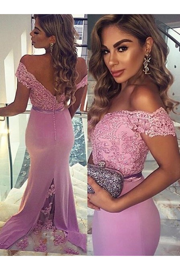 Trumpet/Mermaid Off-the-Shoulder Long Pink Lace Prom Evening Formal Dresses 3020009