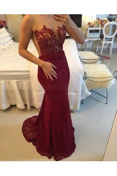 Trumpet/Mermaid Lace Long Red See Through Prom Evening Formal Dresses 3020013