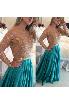 A-Line Off-the-Shoulder Long Sleeves Lace Chiffon Prom Evening Formal Dresses 3020015