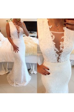 Sexy Trumpet/Mermaid Lace Long White See Through Prom Evening Formal Dresses 3020016