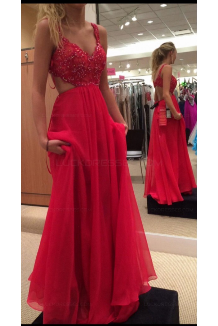 A-Line Long Red Chiffon Lace Prom Evening Formal Dresses 3020027