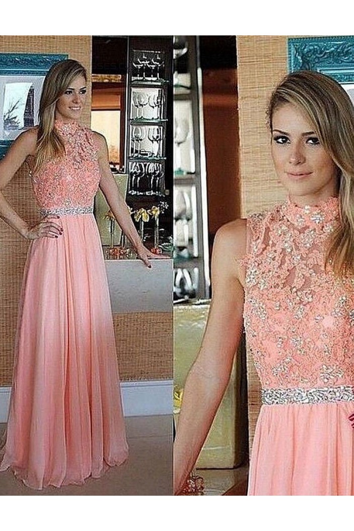 Beaded Chiffon Lace High Neck Long Prom Evening Formal Dresses 3020031