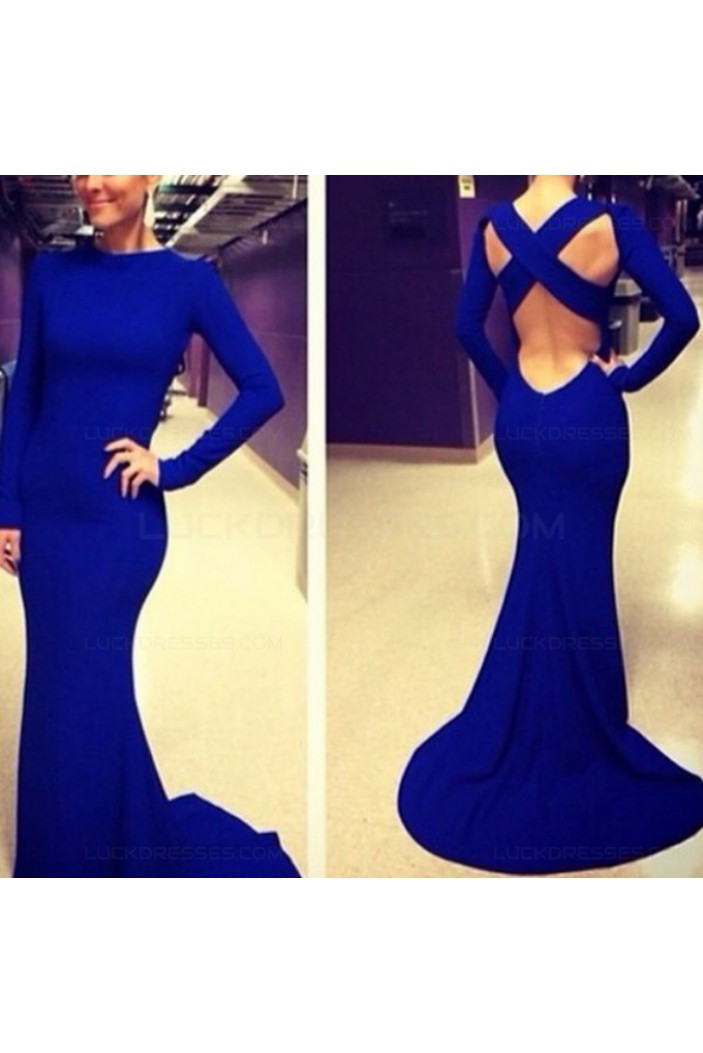 Trumpet/Mermaid Long Sleeve Blue Prom Evening Formal Dresses 3020032