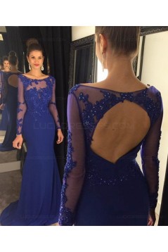 Mermaid Long Sleeves Blue Keyhole Back Lace Prom Evening Formal Dresses 3020037