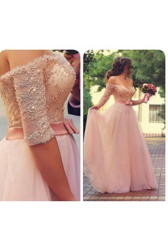 A-Line Off-the-Shoulder Half Sleeves Long Pink Lace Chiffon Prom Evening Formal Dresses 3020038