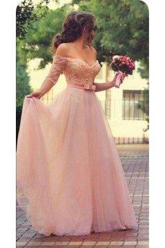 A-Line Off-the-Shoulder Half Sleeves Long Pink Lace Chiffon Prom Evening Formal Dresses 3020038