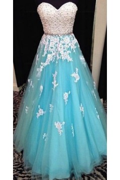 A-Line Sweetheart Lace Tulle White Blue Long Prom Evening Formal Dresses 3020040