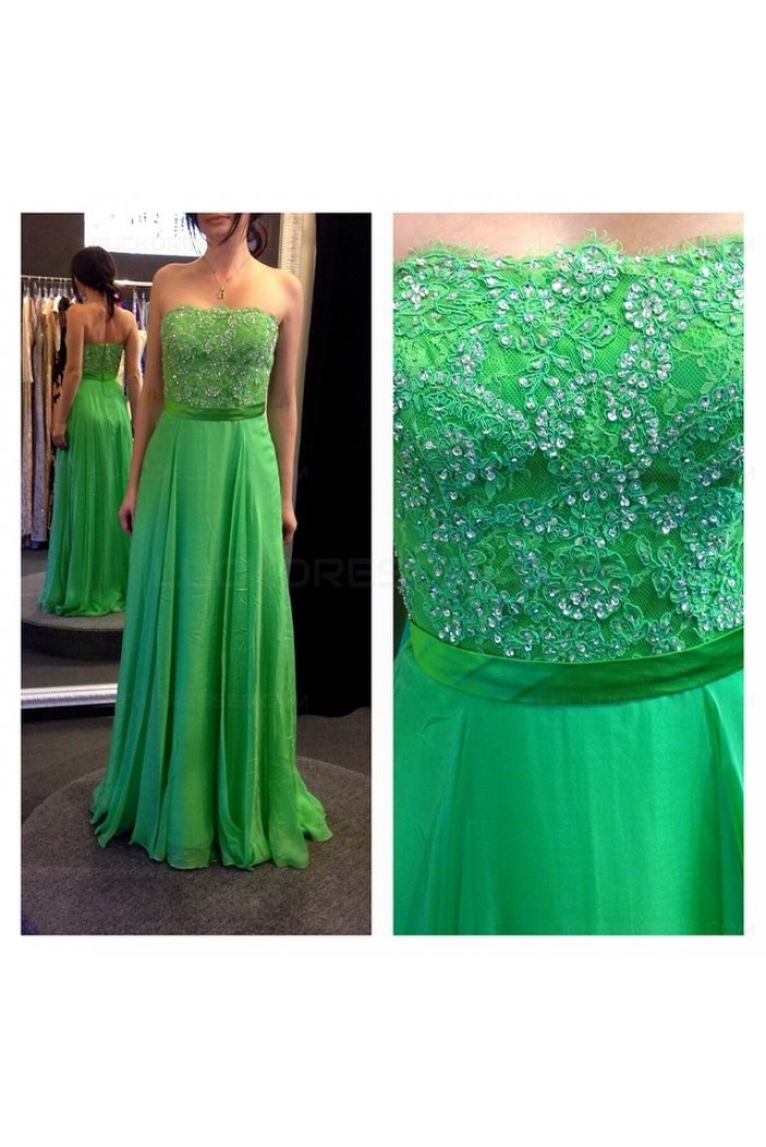 A-Line Strapless Beaded Lace Chiffon Long Green Prom Evening Formal Dresses 3020055