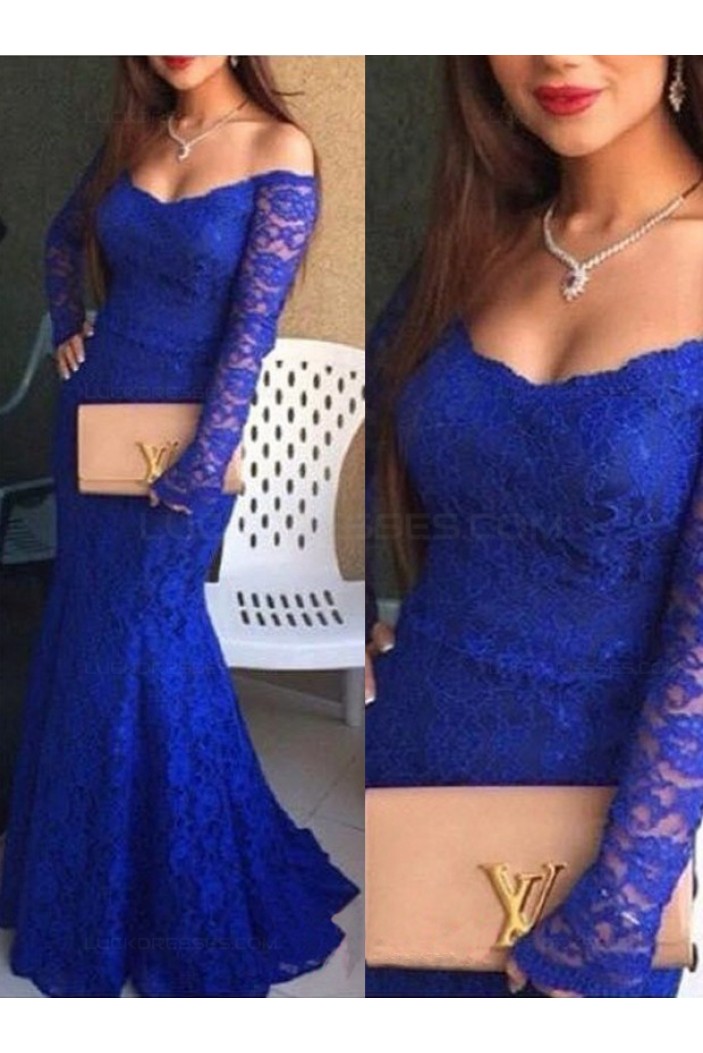 Trumpet/Mermaid Off-the-Shoulder Lace Long Blue Prom Evening Formal Dresses 3020058