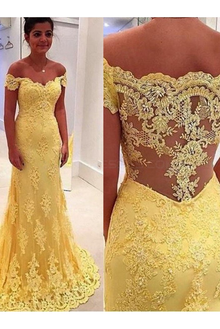 Off-the-Shoulder Lace Long Yellow Prom Evening Formal Dresses 3020061