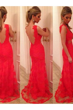 Long Red Lace Low V-Back Prom Evening Formal Dresses 3020070