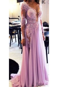 Sexy Long Sleeves Lilac Lace Appliques Chiffon See Through Prom Evening Formal Dresses 3020071