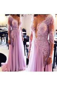 Sexy Long Sleeves Lilac Lace Appliques Chiffon See Through Prom Evening Formal Dresses 3020071