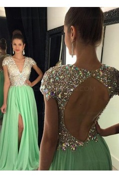 Mint Green Chiffon Beaded Sequins Keyhole Back Long Prom Evening Formal Dresses 3020073