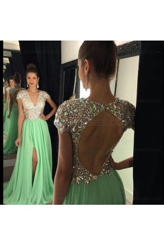 Mint Green Chiffon Beaded Sequins Keyhole Back Long Prom Evening Formal Dresses 3020073