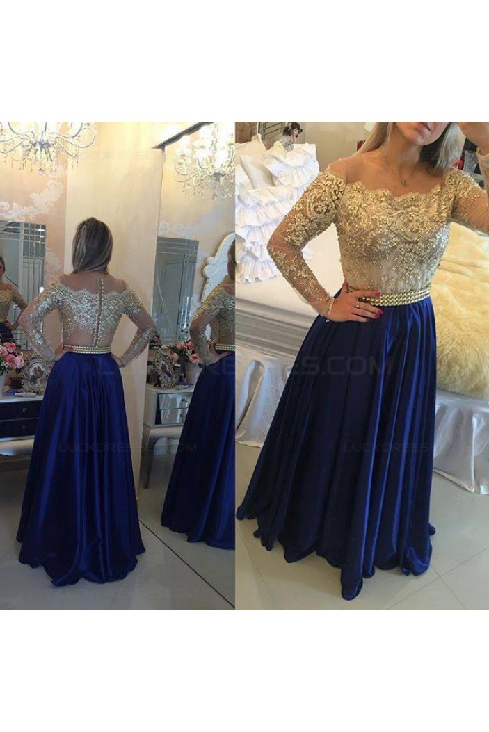 Long Sleeves Off-the-Shoulder Gold Beaded Lace Blue Prom Evening Formal Dresses 3020076