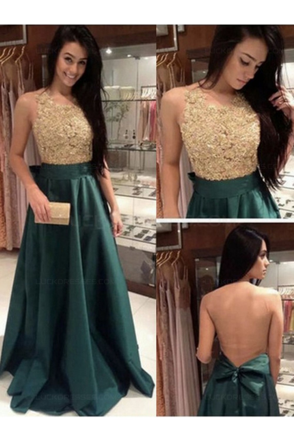 A Line Lace See Through Back Long Prom Evening Formal