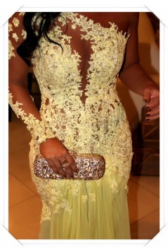 One Sleeve Long Yellow Lace Appliques See Through Prom Evening Formal Dresses 3020100