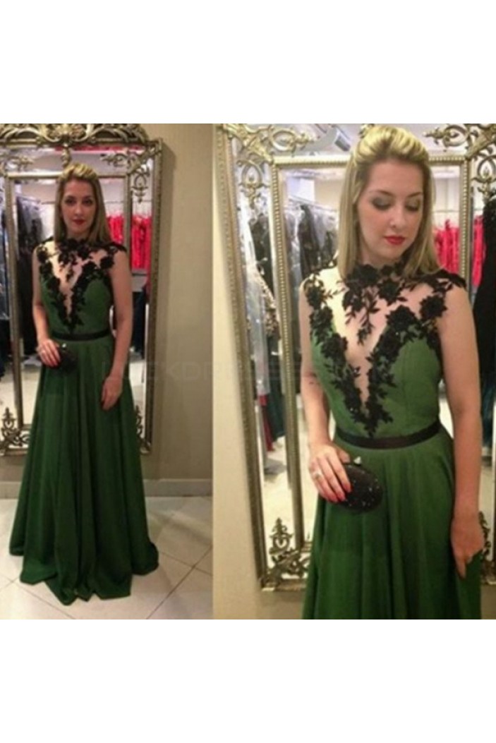 Long Green Chiffon Black Lace Appliques Prom Formal Evening Party Dresses 3021003