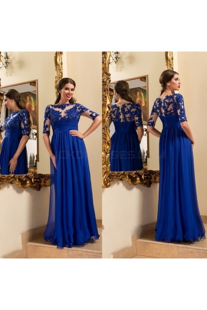 Long Royal Blue Lace Appliques and Chiffon Prom Formal Evening Party Dresses 3021017