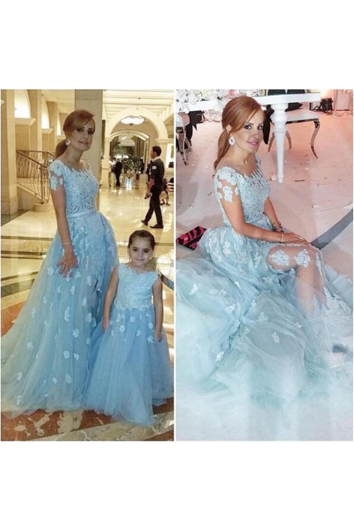 Long Blue Tulle Ball Gown Lace Prom Formal Evening Party Dresses 3021029