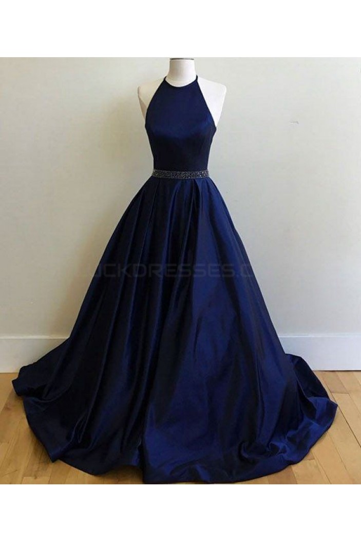 Long Blue Beaded Halter Prom Formal Evening Party Dresses 3021037