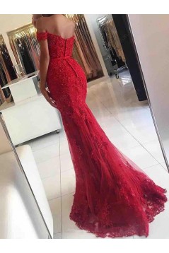 Long Red Beaded Lace Off-the-Shoulder Mermaid Prom Formal Evening Party Dresses 3021051