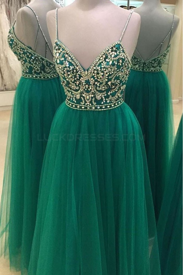 Beaded Long Green Spaghetti Straps Prom Formal Evening Party Dresses 3021055