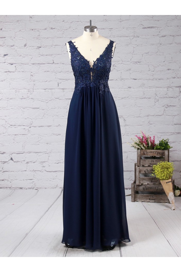 Long Navy Blue Lace Appliques Chiffon Prom Formal Evening Party Dresses 3021059