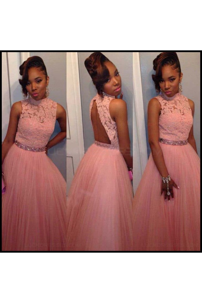 Beaded High Neck Lace Tulle Long Pink Prom Evening Formal Dresses 3020106