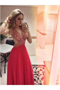 Long Red V-Neck Prom Formal Evening Party Dresses 3021066