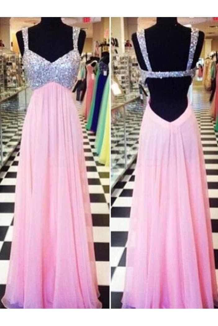 Beaded Long Pink Chiffon Prom Formal Evening Party Dresses 3021073