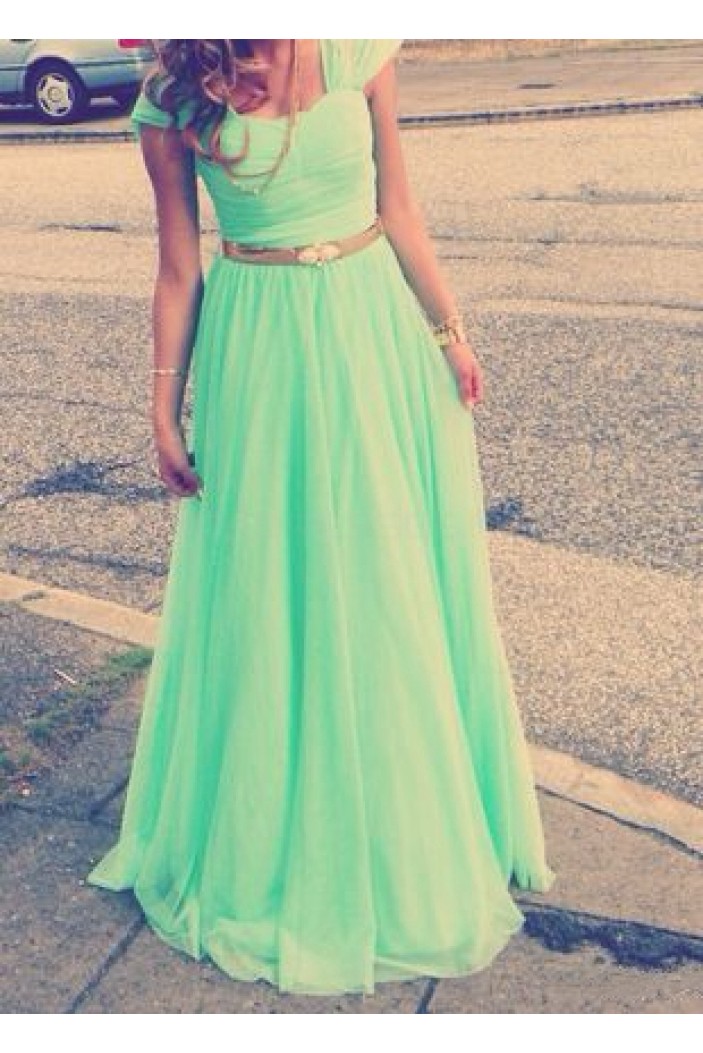 Cap-Sleeves Long Green Chiffon Prom Evening Formal Dresses 3020108