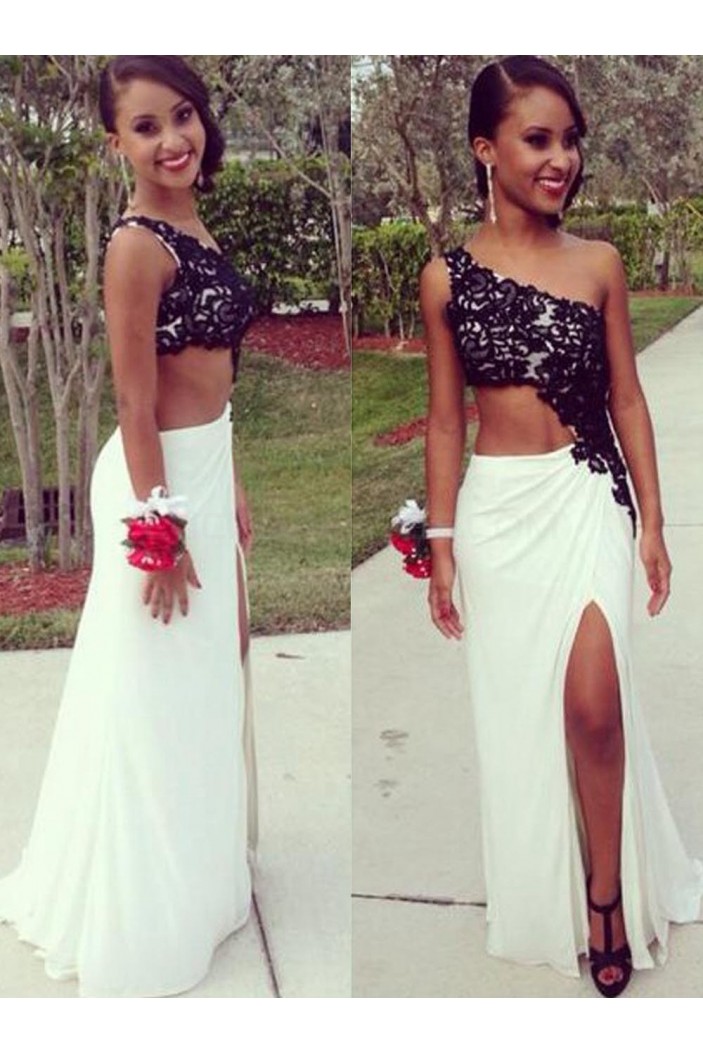 Black Lace White One-Shoulder Long Prom Formal Evening Party Dresses 3021089