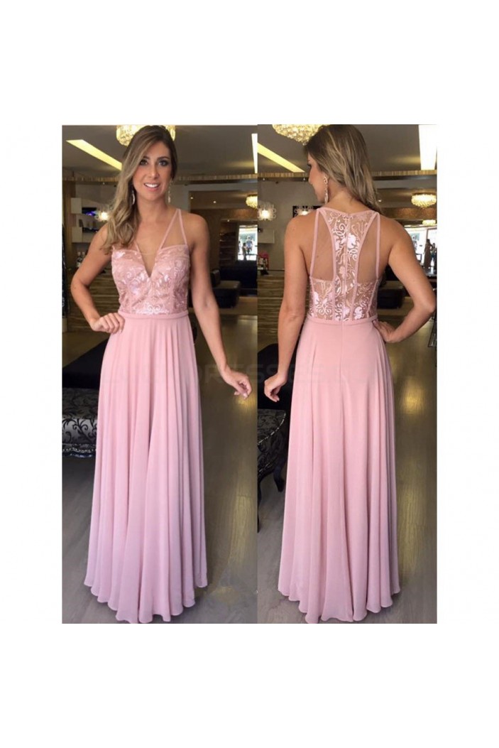 Long Pink Lace and Chiffon Prom Formal Evening Party Dresses 3021093