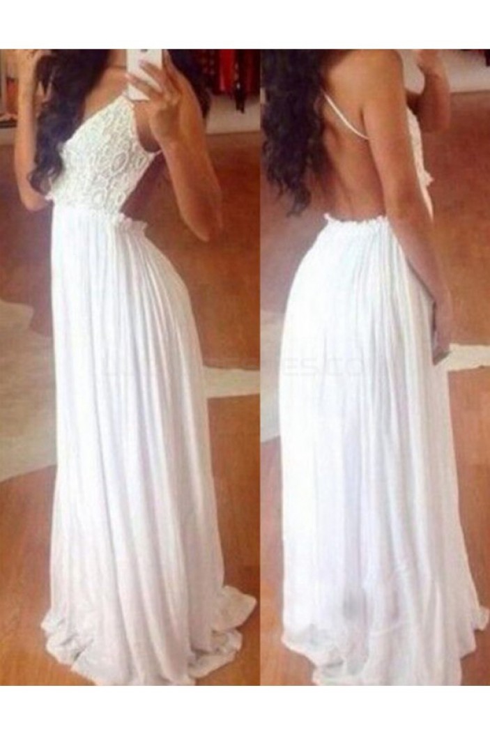 Long White Chiffon Lace Prom Formal Evening Party Dresses 3021099