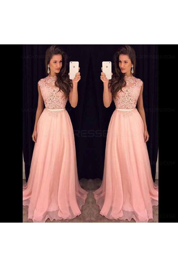 A-Line Long Pink Lace Chiffon Prom Evening Formal Dresses 3020112