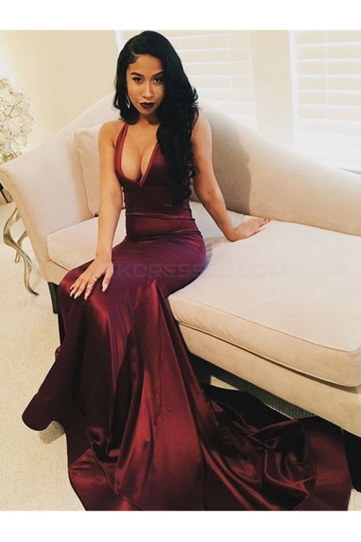 Sexy Mermaid V-Neck Burgundy Long Prom Formal Evening Party Dresses 3021121