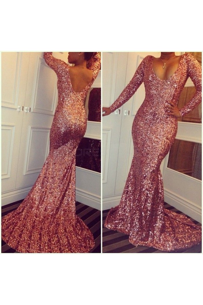 Mermaid Sequins Long Sleeves Prom Formal Evening Party Dresses 3021126