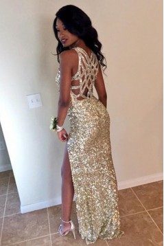 Sexy Gold Sequins V-Neck Long Prom Formal Evening Party Dresses 3021127