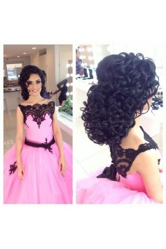 Pink Black Lace Ball Gown Prom Formal Evening Party Dresses 3021146