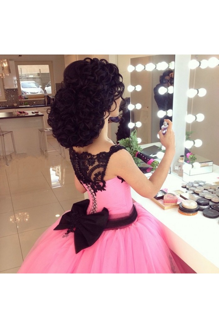 Pink Black Lace Ball Gown Prom Formal Evening Party Dresses 3021146