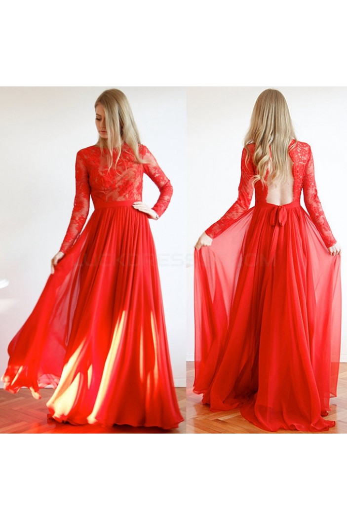 Long Red Lace and Chiffon Prom Formal Evening Party Dresses 3021148