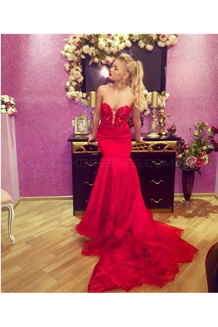 Mermaid Long Red Lace Prom Formal Evening Party Dresses 3021150