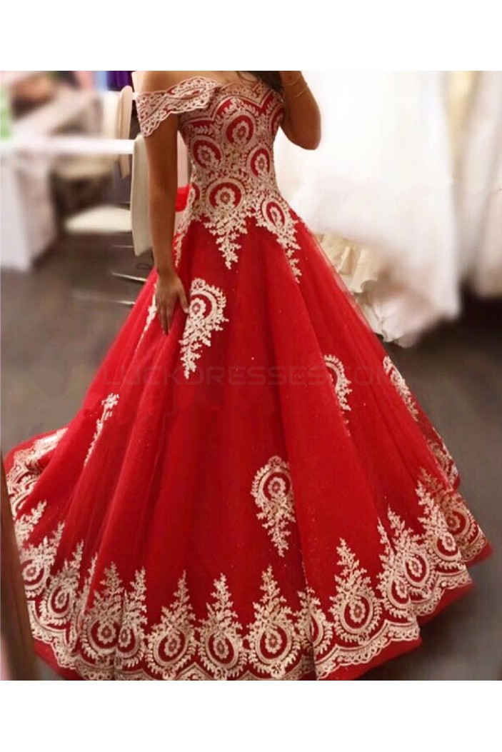 Long Red Off-the-Shoulder Ball Gown Prom Formal Evening Party Dresses with Gold Lace Appliques 3021158